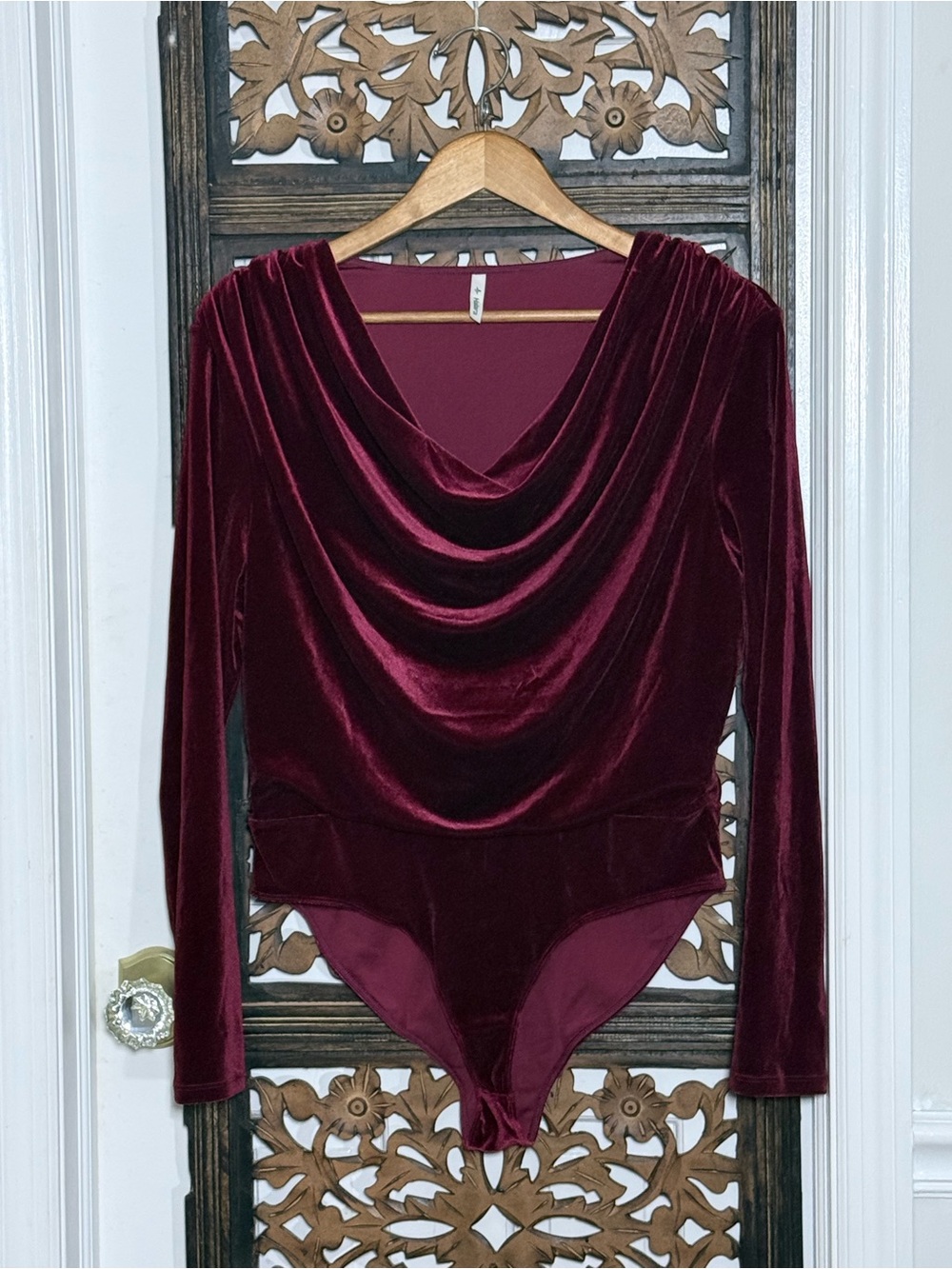 Halara Burgundy Velvet Cowl Neck Long Sleeve Stretch Bodysuit Lined Size L